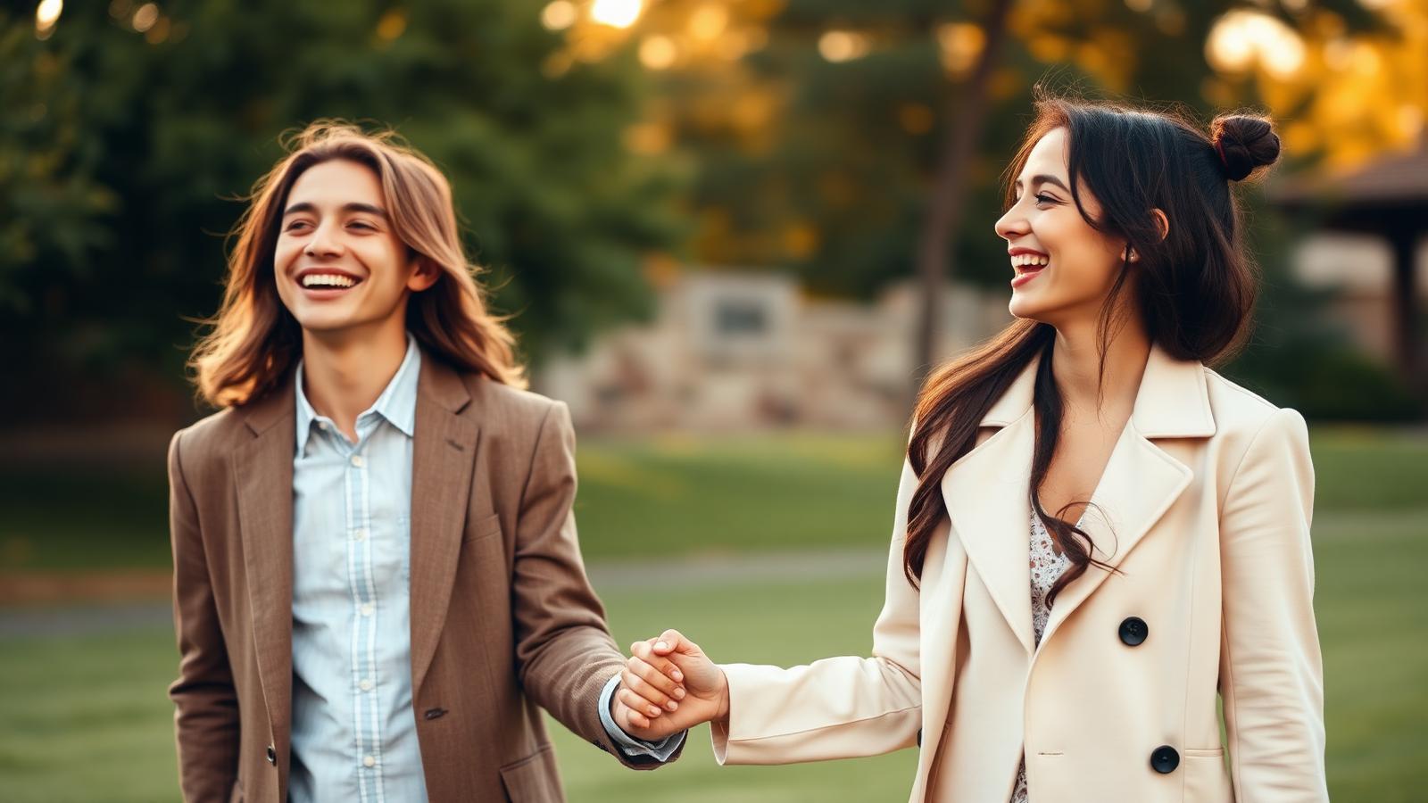 Happy couple holding hands and laughing outdoors