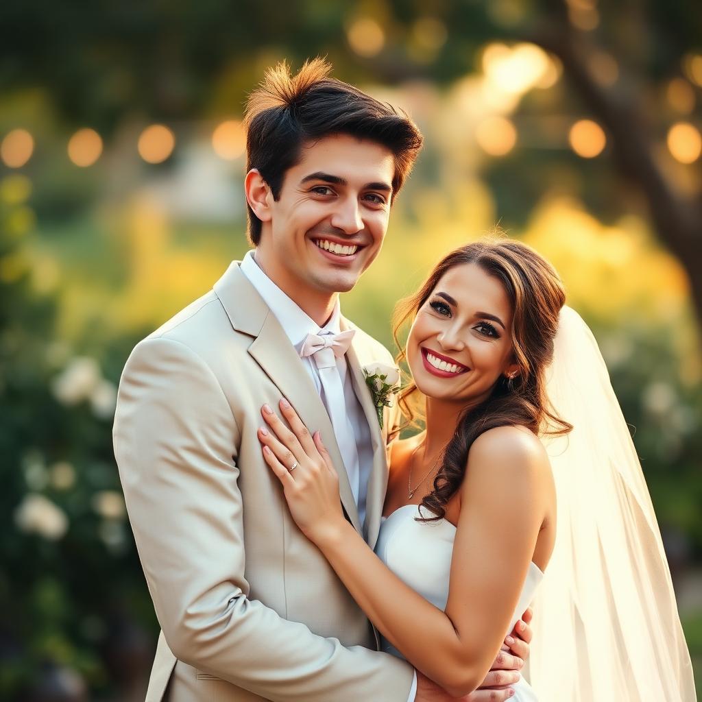 Happy bride and groom at an outdoor golden-hour ceremony